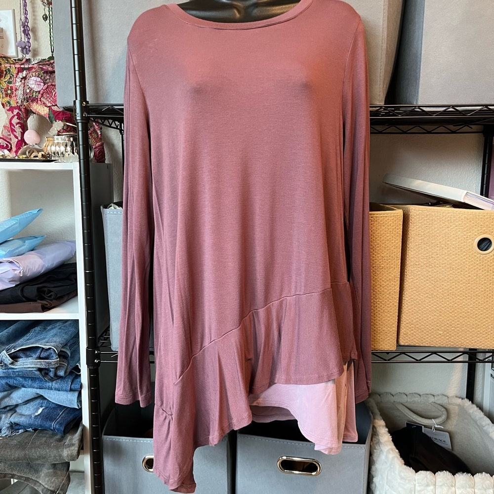 LOGO by Lori Goldstein Dusty Rose Long Sleeve Ruffle-Hem Top